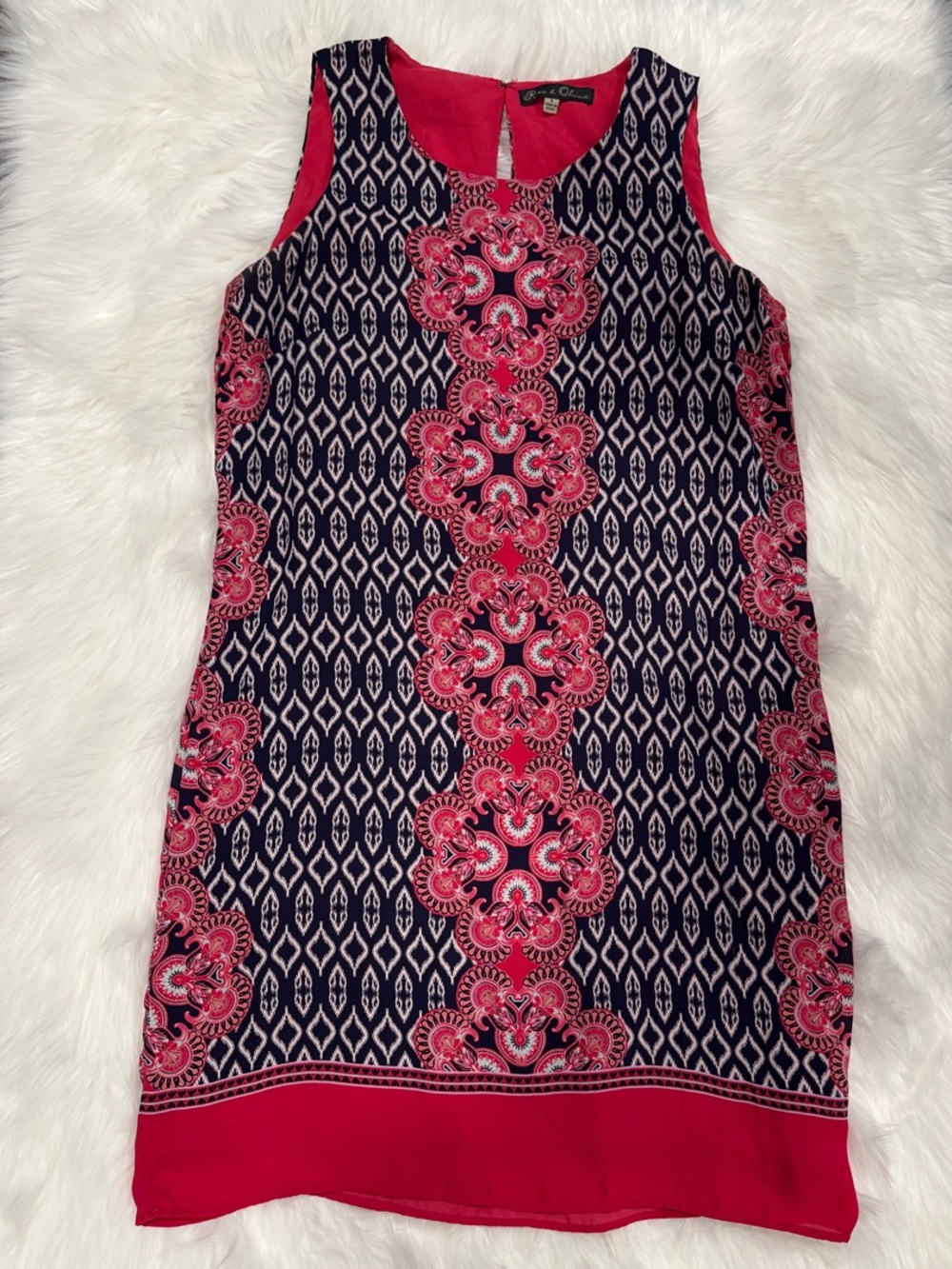 Sleeveless Pink & Navy Patterned Shift Dress